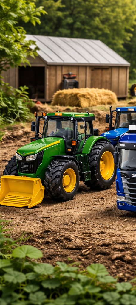 Modele Bruder 1:16 w realistycznej scenerii – Scania, Volvo, John Deere i dźwig Liebherr